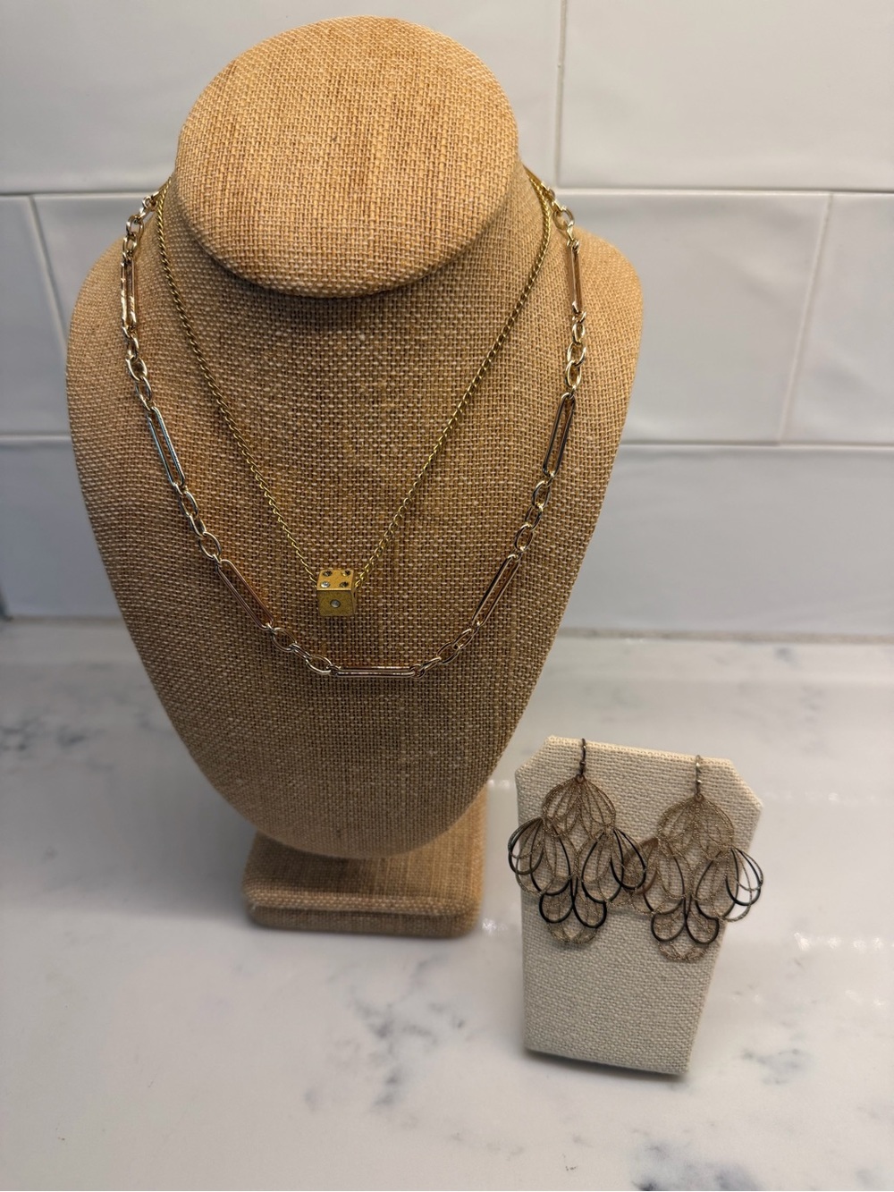 Gold-Tone Layered Chain Necklace and Filigree Earrings Set